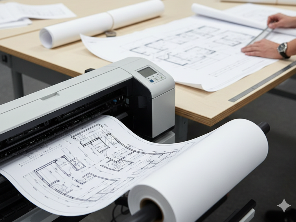 High-resolution architectural blueprints and engineering site plans being printed on a large format plotter for an Austin construction project.