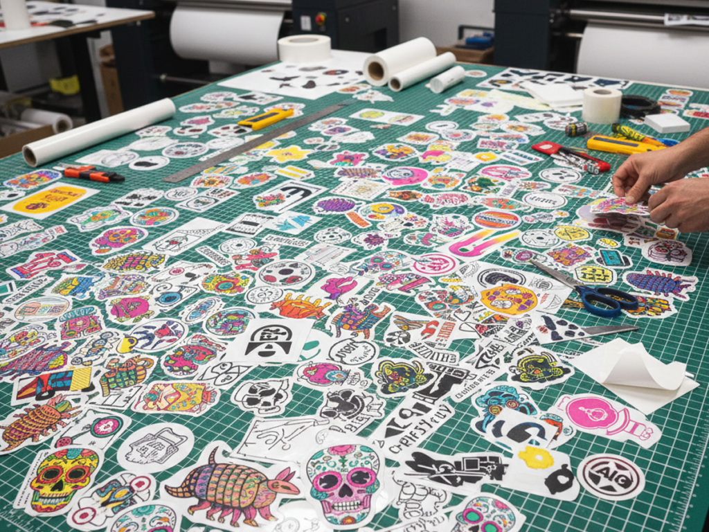 High-quality custom die cut vinyl stickers spread across a professional print shop cutting table in Austin, TX, showing precision edges and vibrant colors.