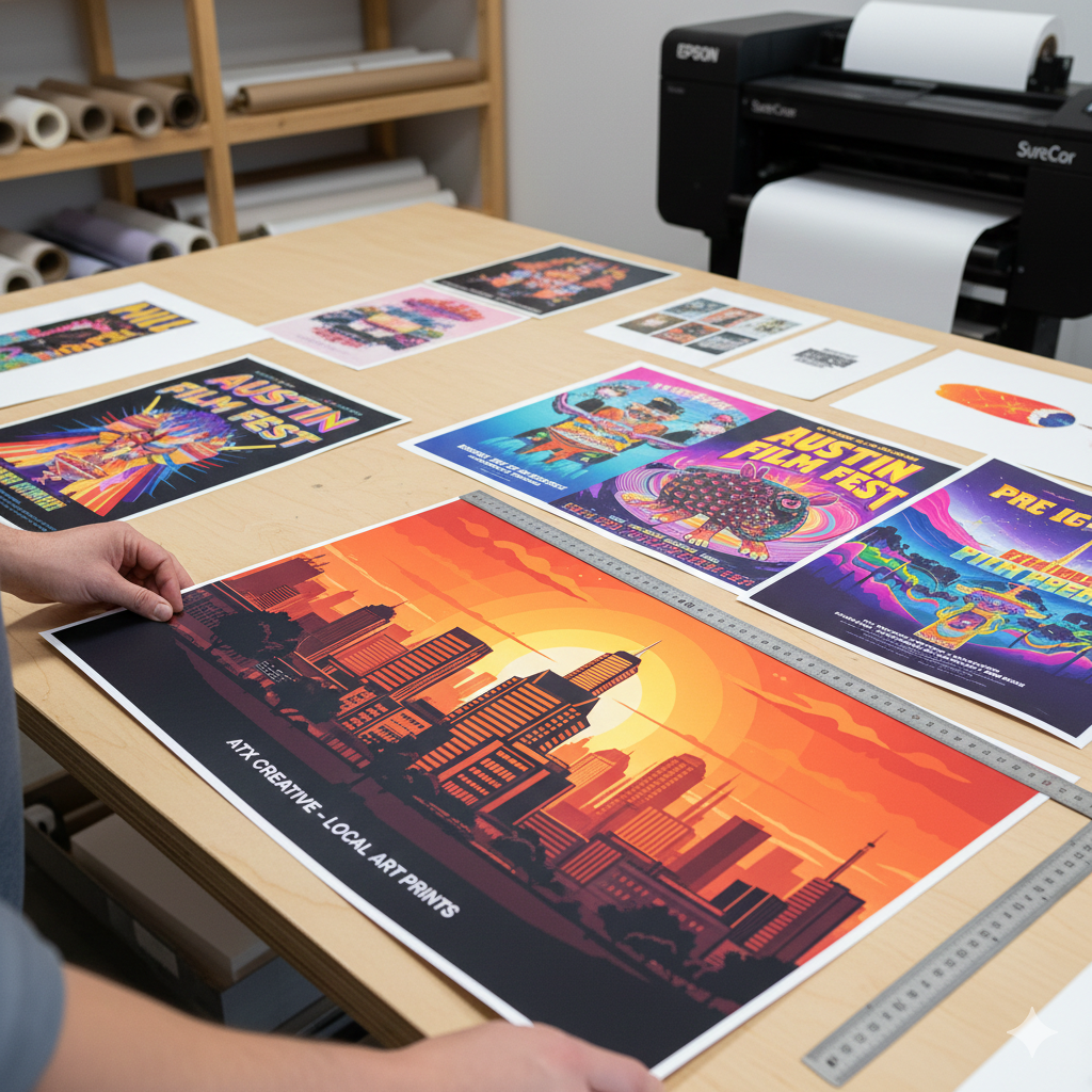 Stack of high-resolution custom printed marketing posters with vibrant colors and a matte finish on a professional large format printer in Austin, TX.
