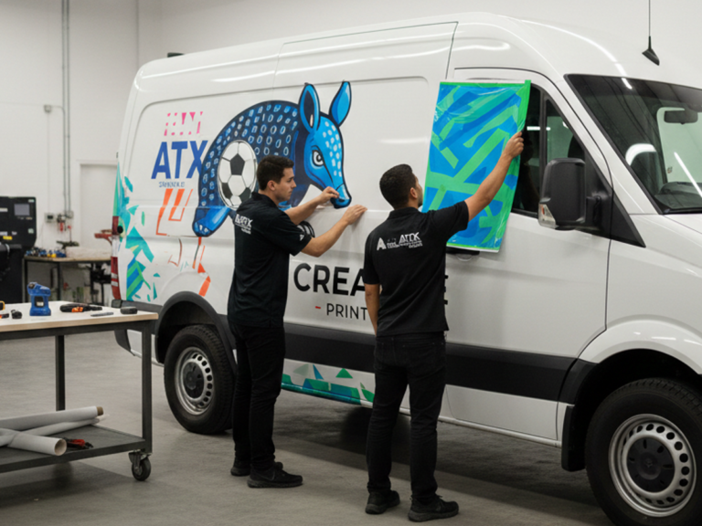 Full custom vinyl vehicle wrap being professionally installed on a commercial van in an Austin, TX print shop, showcasing seamless branding.