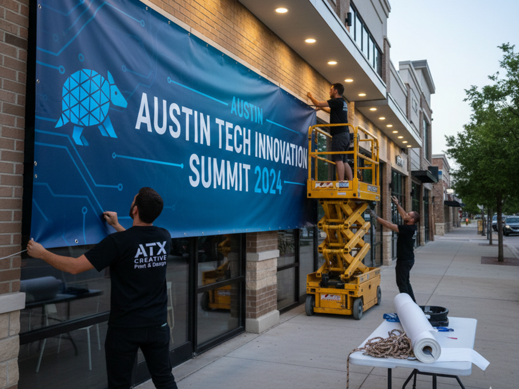 Custom heavy-duty vinyl outdoor banner with metal grommets for a grand opening event in Austin, TX, featuring weather-resistant vibrant printing.