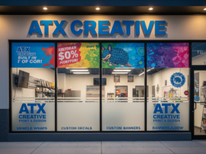 Professional installation of custom vinyl window graphics and storefront lettering on a modern retail glass entrance in Austin, TX.