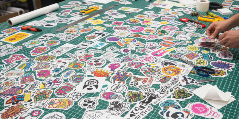 High-quality custom die cut vinyl stickers spread across a professional print shop cutting table in Austin, TX, showing precision edges and vibrant colors.