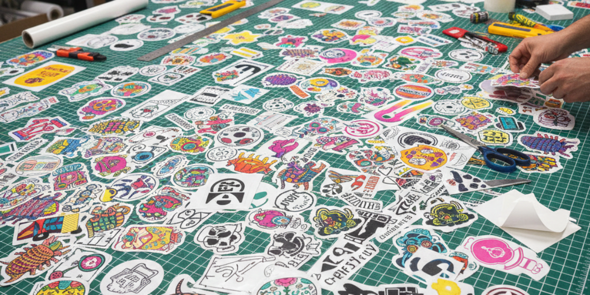 High-quality custom die cut vinyl stickers spread across a professional print shop cutting table in Austin, TX, showing precision edges and vibrant colors.