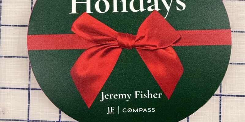 Custom circle sticker and holiday business decal printed by our local print shop near me in Austin.