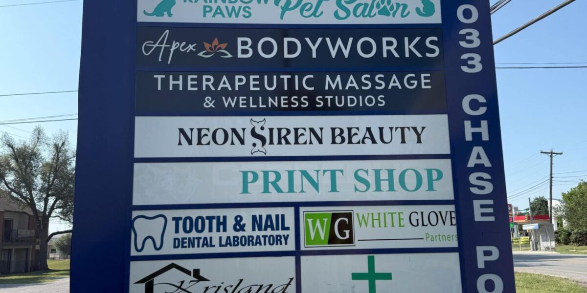 Custom multi-tenant monument sign and pylon signage produced by our local print shop near me in Austin.